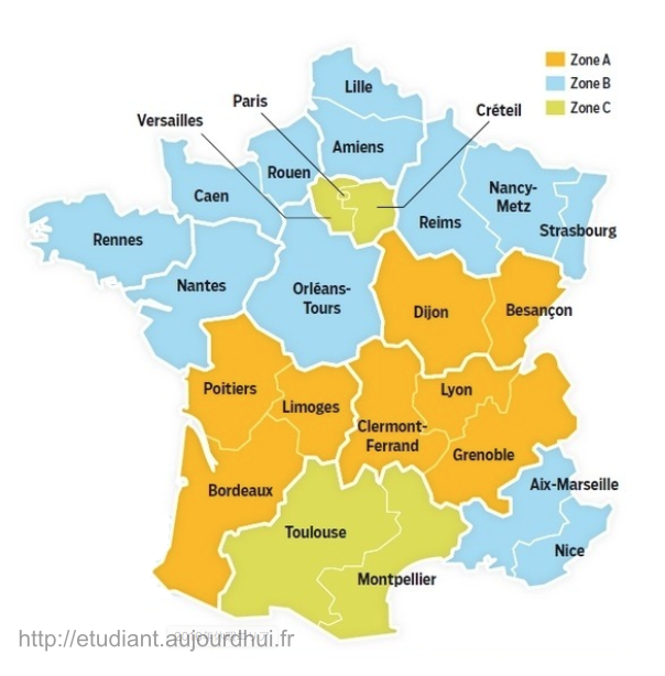 フランスの学校は、３つのゾーンに分けられている